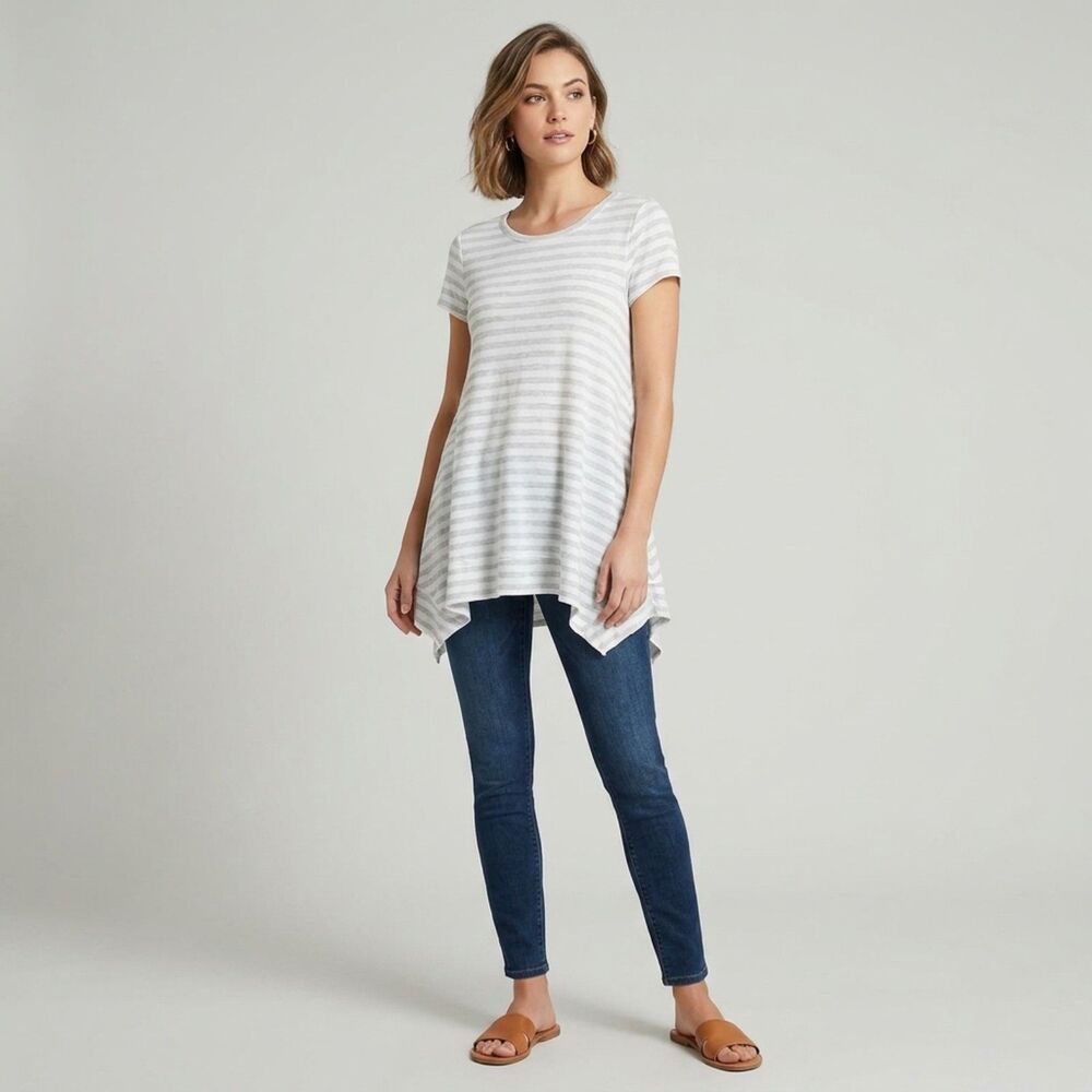 Greige Womens Medium M Striped Handkerchief Hem Tunic Swing Top Grey White
